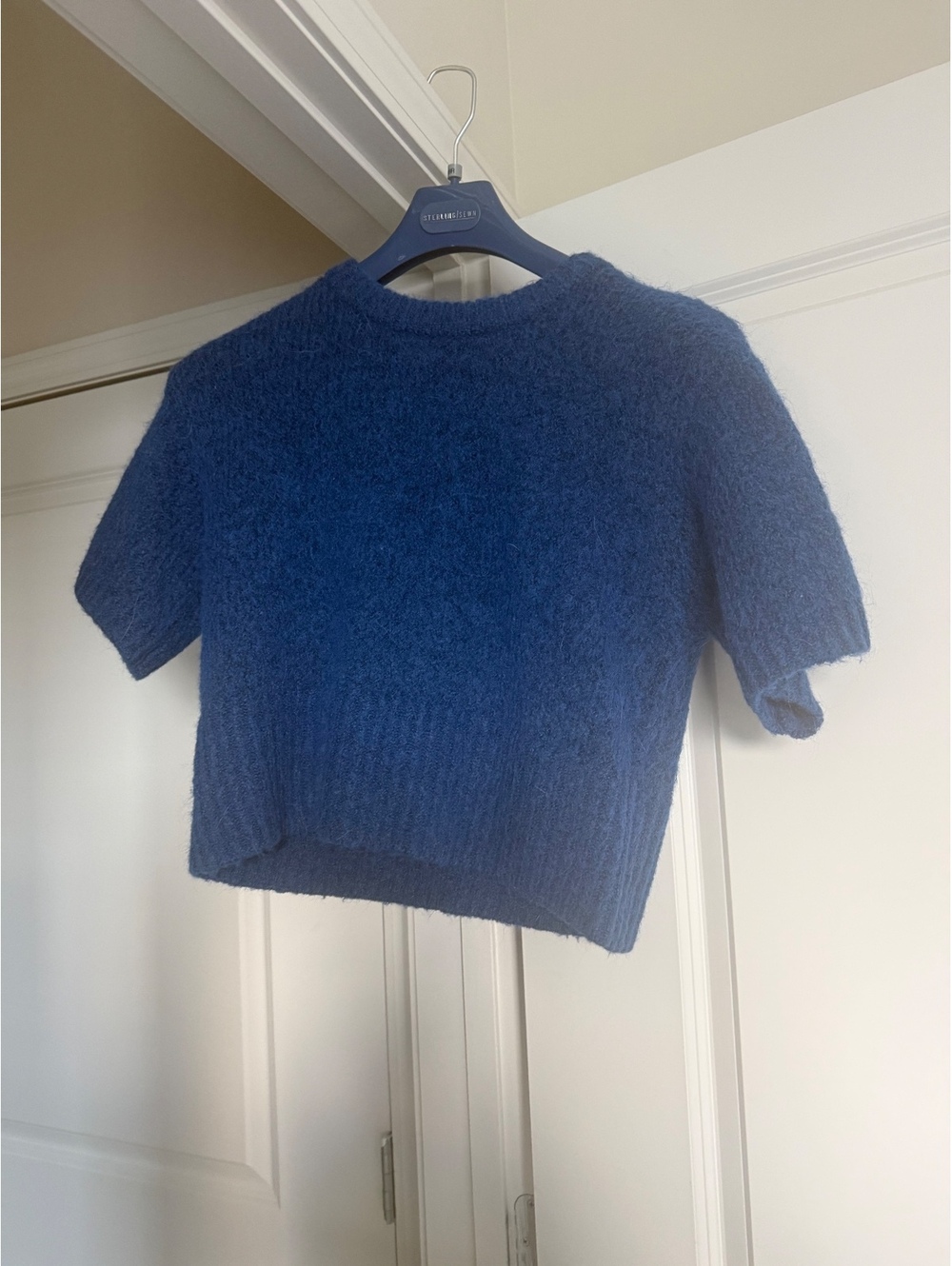Zara Women's Blue Fuzzy Knit Short Sleeve Sweater, Size Medium